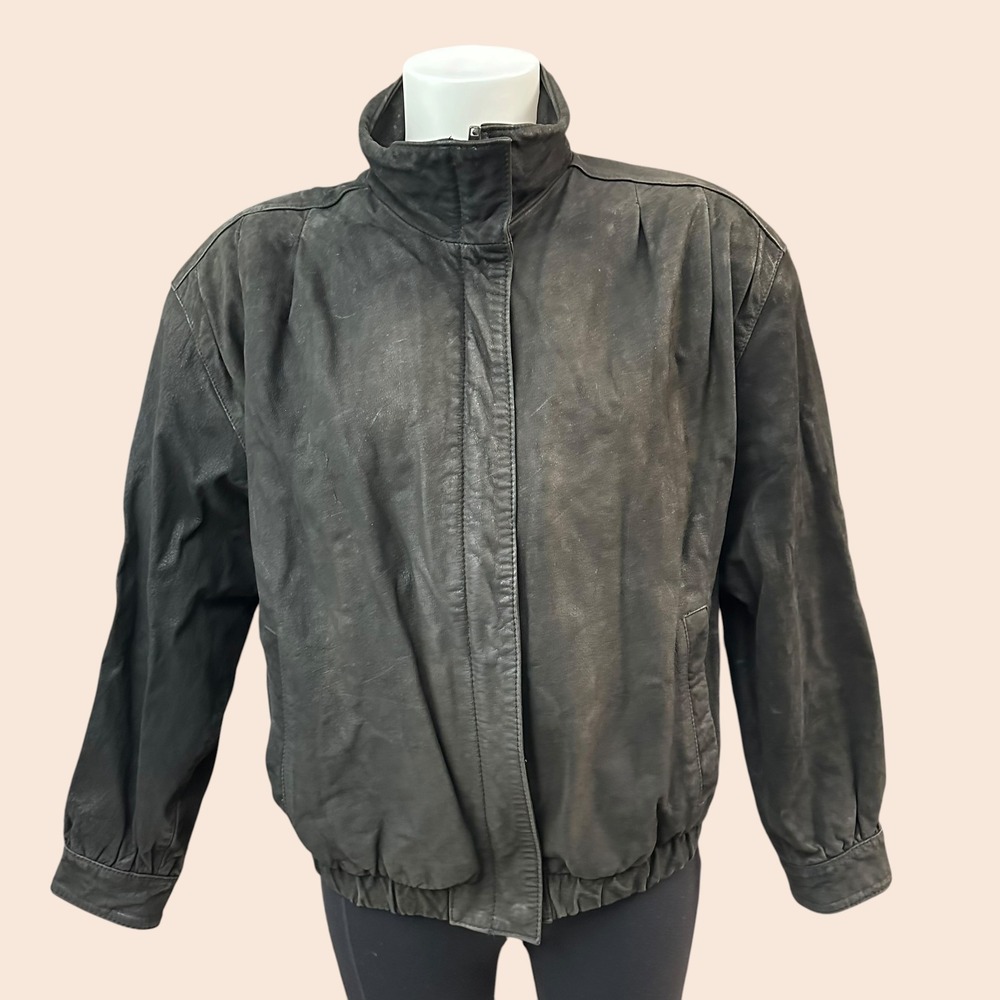 Womens Vintage Zip Leather Aviator Flight Bomber Jacket Padded Shoulder sz Small